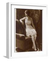 Lady Sits Negligently in Her Undies, Bra French Drawers or Knickers and Stockings-null-Framed Photographic Print