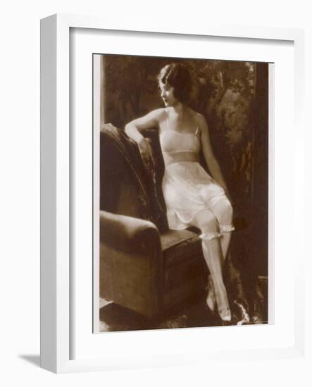 Lady Sits Negligently in Her Undies, Bra French Drawers or Knickers and Stockings-null-Framed Photographic Print