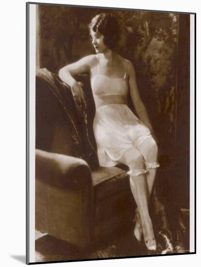 Lady Sits Negligently in Her Undies, Bra French Drawers or Knickers and Stockings-null-Mounted Photographic Print