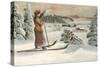 Lady Skier Looking Down Slope-null-Stretched Canvas