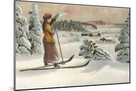 Lady Skier Looking Down Slope-null-Mounted Art Print