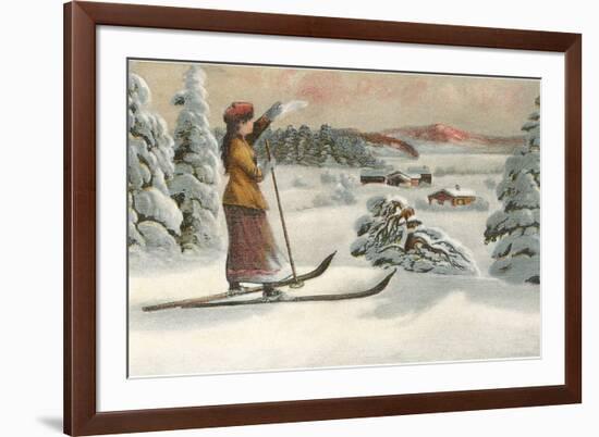 Lady Skier Looking Down Slope-null-Framed Art Print