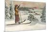 Lady Skier Looking Down Slope-null-Mounted Art Print