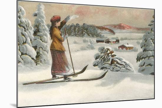 Lady Skier Looking Down Slope-null-Mounted Art Print