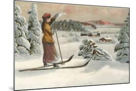 Lady Skier Looking Down Slope-null-Mounted Art Print