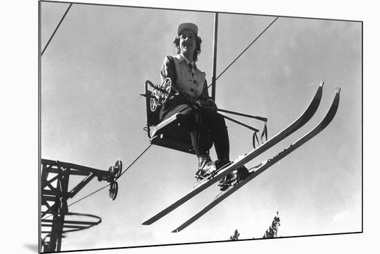 Lady Skier on Timberline Ski Lift - Mt. Hood, OR-Lantern Press-Mounted Premium Giclee Print