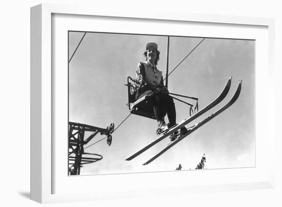 Lady Skier on Timberline Ski Lift - Mt. Hood, OR-Lantern Press-Framed Art Print