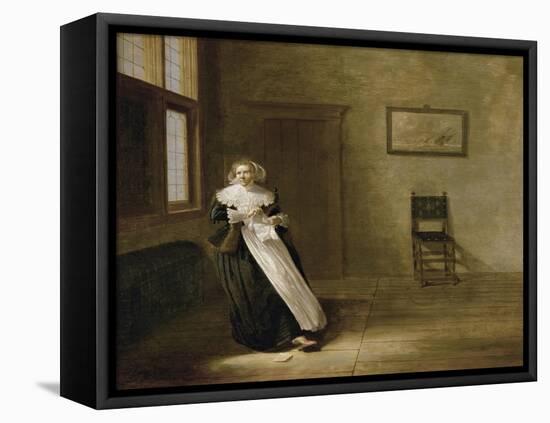 Lady tearing up a letter-Dirck Hals-Framed Stretched Canvas