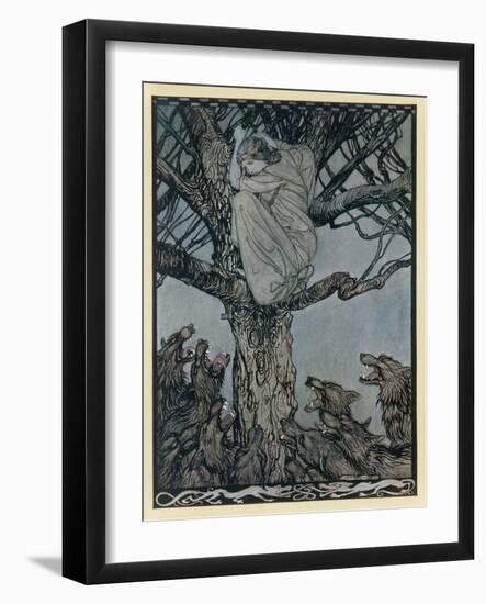 Lady Treed by Wolves-Arthur Rackham-Framed Art Print