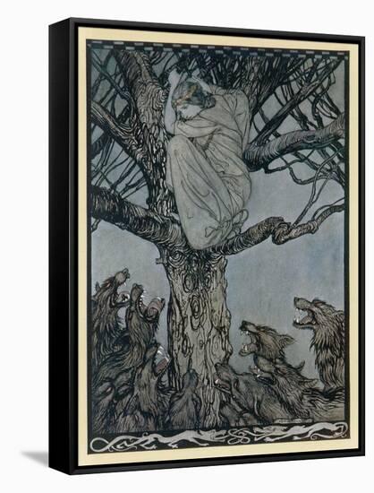 Lady Treed by Wolves-Arthur Rackham-Framed Stretched Canvas