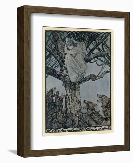 Lady Treed by Wolves-Arthur Rackham-Framed Art Print