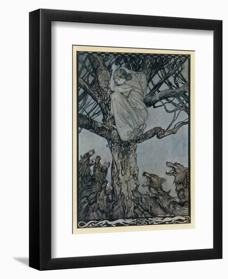 Lady Treed by Wolves-Arthur Rackham-Framed Art Print