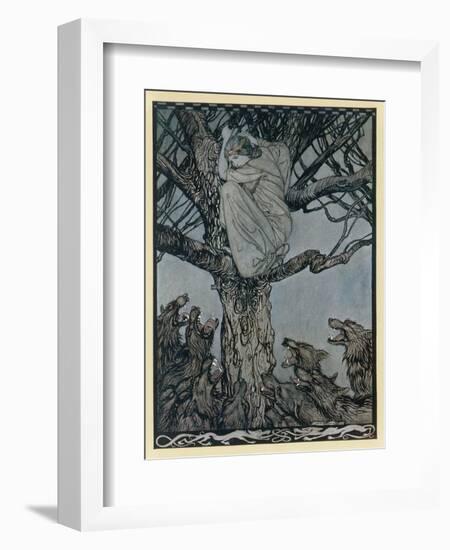 Lady Treed by Wolves-Arthur Rackham-Framed Art Print