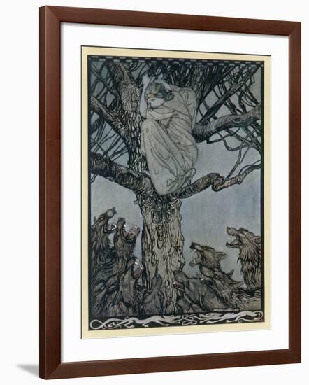 Lady Treed by Wolves-Arthur Rackham-Framed Art Print