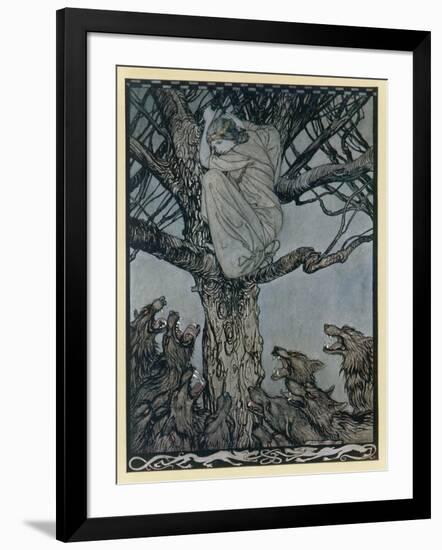 Lady Treed by Wolves-Arthur Rackham-Framed Art Print