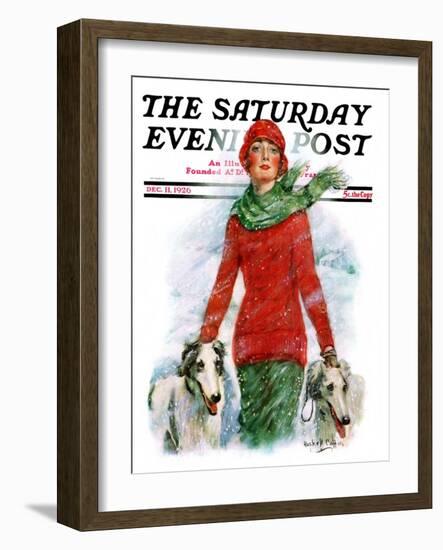 "Lady Walking Dogs in Snow," Saturday Evening Post Cover, December 11, 1926-William Haskell Coffin-Framed Giclee Print