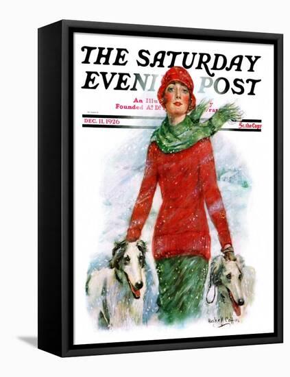 "Lady Walking Dogs in Snow," Saturday Evening Post Cover, December 11, 1926-William Haskell Coffin-Framed Stretched Canvas