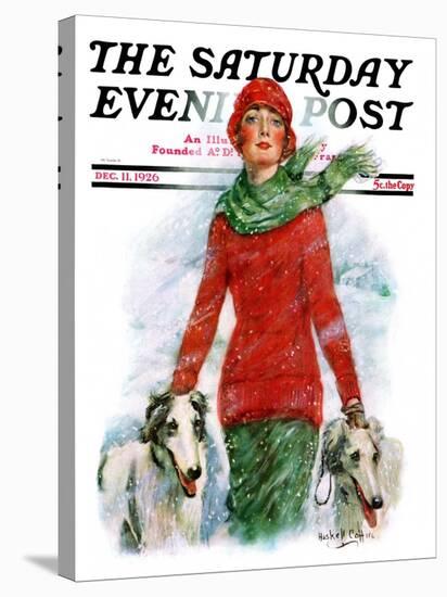 "Lady Walking Dogs in Snow," Saturday Evening Post Cover, December 11, 1926-William Haskell Coffin-Stretched Canvas