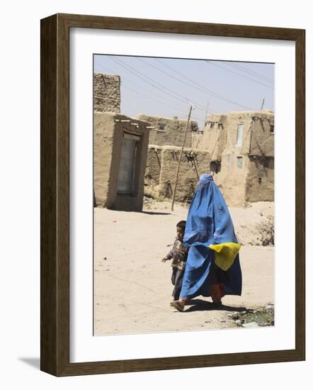 Lady Wearing Burqa Walks Past Houses Within the Ancient Walls of the Citadel, Ghazni, Afghanistan-Jane Sweeney-Framed Photographic Print