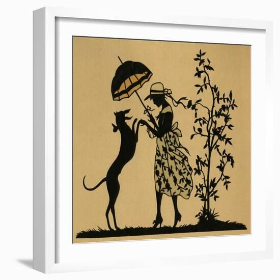 Lady with Parasol and Dog in a Garden-null-Framed Art Print