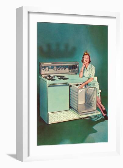 Lady with Tiara and Electric Stove, Retro-null-Framed Art Print