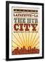 Lafayette, Louisiana - Skyline and Sunburst Screenprint Style-Lantern Press-Framed Art Print