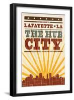 Lafayette, Louisiana - Skyline and Sunburst Screenprint Style-Lantern Press-Framed Art Print