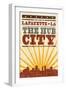 Lafayette, Louisiana - Skyline and Sunburst Screenprint Style-Lantern Press-Framed Art Print