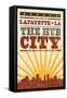 Lafayette, Louisiana - Skyline and Sunburst Screenprint Style-Lantern Press-Framed Stretched Canvas