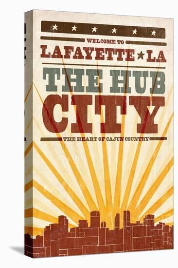Lafayette, Louisiana - Skyline and Sunburst Screenprint Style-Lantern Press-Stretched Canvas