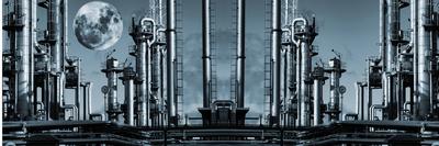 Oil Industrial Panoramic, Surreal Full Moon Hovering Above-lagardie-Photographic Print