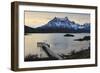 Lago Pehoe Boat and Dock with the Cordillera Del Paine at Sunset-Eleanor Scriven-Framed Photographic Print