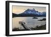 Lago Pehoe Boat and Dock with the Cordillera Del Paine at Sunset-Eleanor Scriven-Framed Photographic Print