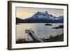 Lago Pehoe Boat and Dock with the Cordillera Del Paine at Sunset-Eleanor Scriven-Framed Photographic Print