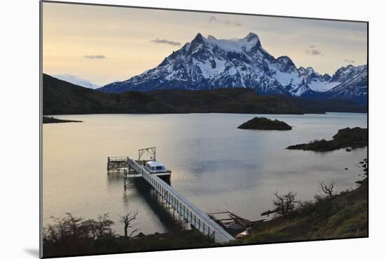 Lago Pehoe Boat and Dock with the Cordillera Del Paine at Sunset-Eleanor Scriven-Mounted Photographic Print