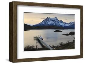 Lago Pehoe Boat and Dock with the Cordillera Del Paine at Sunset-Eleanor Scriven-Framed Photographic Print