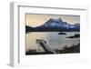 Lago Pehoe Boat and Dock with the Cordillera Del Paine at Sunset-Eleanor Scriven-Framed Photographic Print