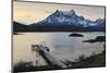 Lago Pehoe Boat and Dock with the Cordillera Del Paine at Sunset-Eleanor Scriven-Mounted Photographic Print