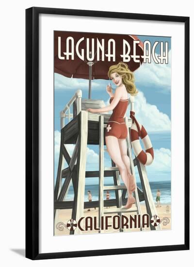 Laguna Beach, California - Lifeguard Pinup-Lantern Press-Framed Art Print