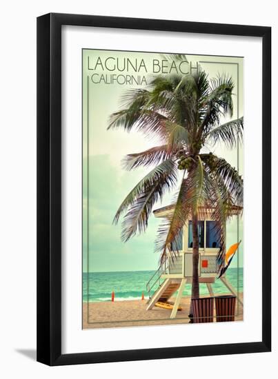 Laguna Beach, California - Lifeguard Shack and Palm-Lantern Press-Framed Art Print