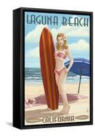 Laguna Beach, California - Pinup Surfer Girl-Lantern Press-Framed Stretched Canvas