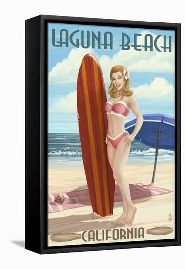 Laguna Beach, California - Pinup Surfer Girl-Lantern Press-Framed Stretched Canvas