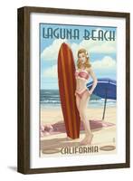 Laguna Beach, California - Pinup Surfer Girl-Lantern Press-Framed Art Print