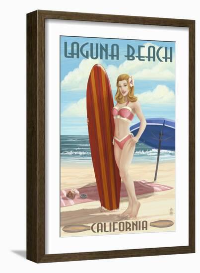 Laguna Beach, California - Pinup Surfer Girl-Lantern Press-Framed Art Print