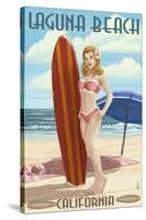 Laguna Beach, California - Pinup Surfer Girl-Lantern Press-Stretched Canvas