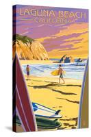 Laguna Beach, California - Surfers at Sunset-Lantern Press-Stretched Canvas