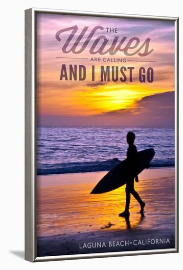 Laguna Beach, California - the Waves are Calling - Surfer and Sunset-Lantern Press-Framed Art Print