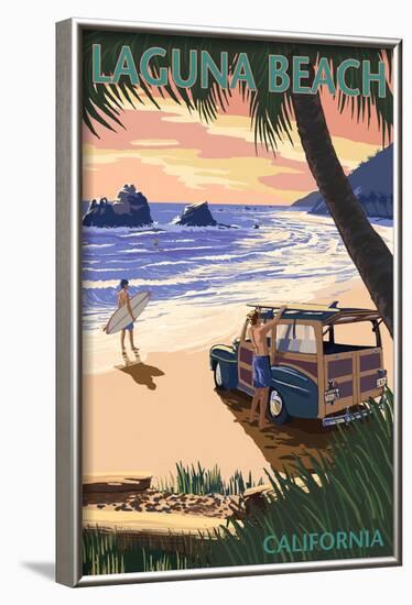 Laguna Beach, California - Woody on the Beach with Palm-Lantern Press-Framed Art Print