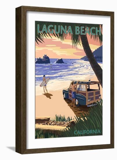 Laguna Beach, California - Woody on the Beach with Palm-Lantern Press-Framed Art Print