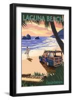 Laguna Beach, California - Woody on the Beach with Palm-Lantern Press-Framed Art Print